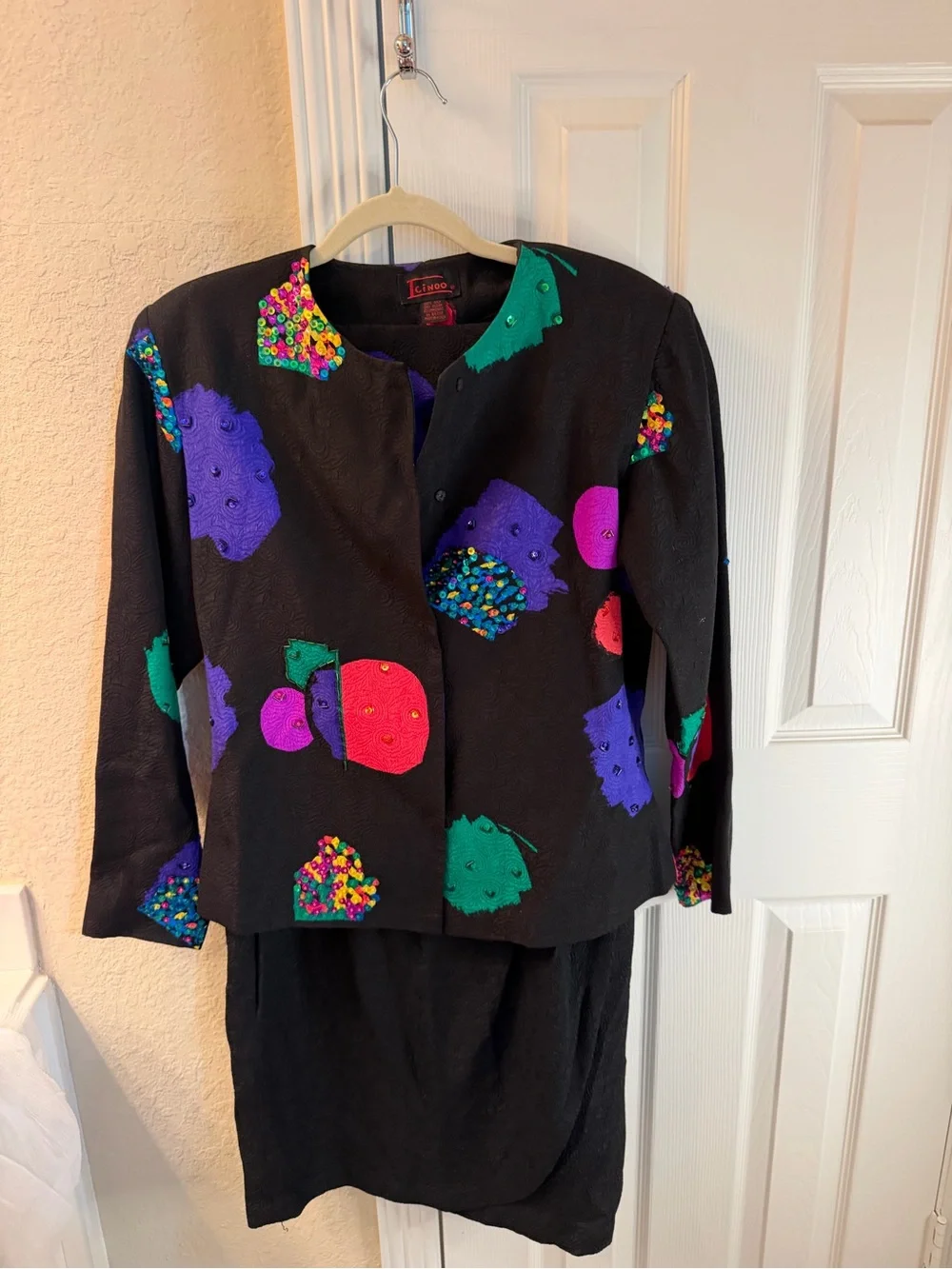 Black Dress and Jacket Set with Multicolor Abstract Accents